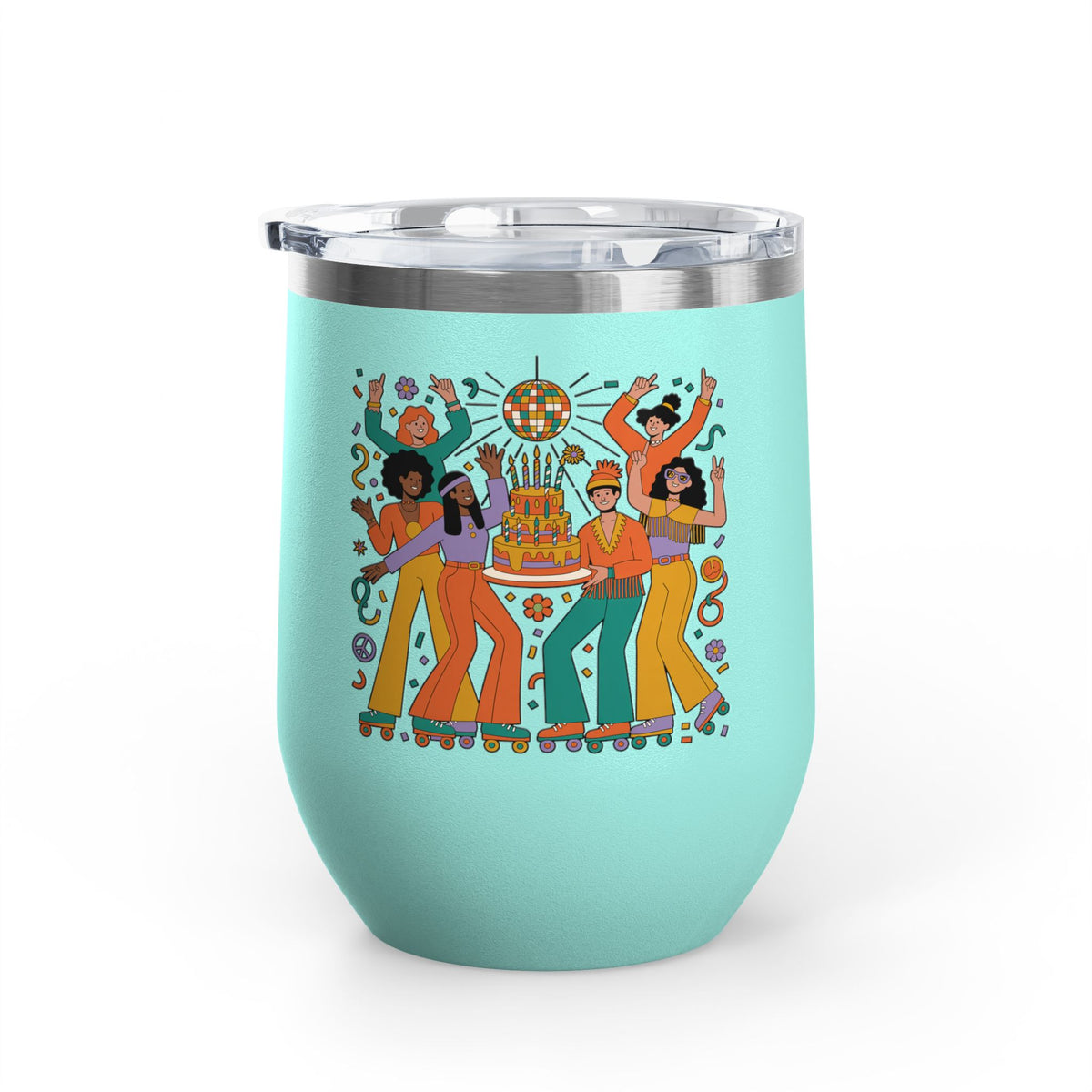 Retro Disco Birthday Wine Tumbler, 70s Roller Skating Party Design, Groovy Drinkware Gift for a Skater Friend Who Loves Vintage Aesthetics