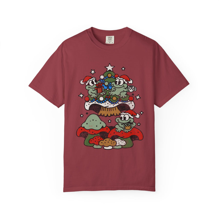 Christmas Frog Shirt, Cute Holiday T-Shirt with Frogs Mushrooms and Tree, Whimsical Cottagecore Tee, Gift for Frog Lover or Friend