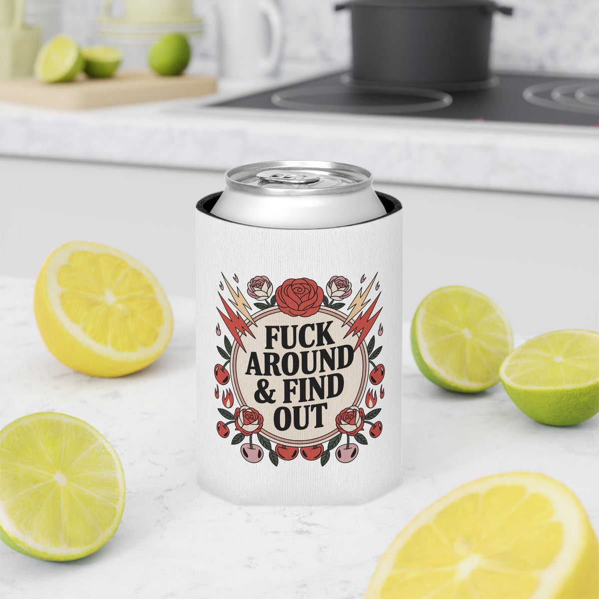 FAFO Can Cooler, Retro Tattoo Roses and Lightning Drink Sleeve, Sarcastic Gift for Friends, Funny Beer Can Holder