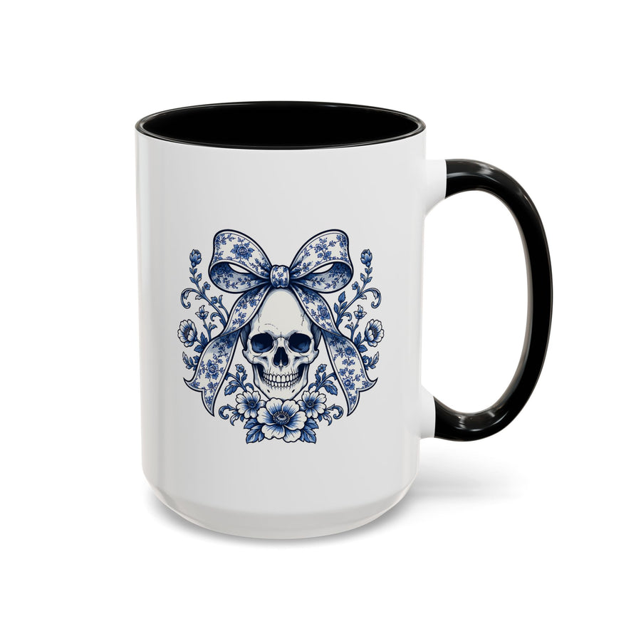 Blue Floral Skull Mug, Gothic Coquette Bow Coffee Cup, Alternative Halloween Gift for Her, Dark Academia Kitchen Decor, Spooky Present