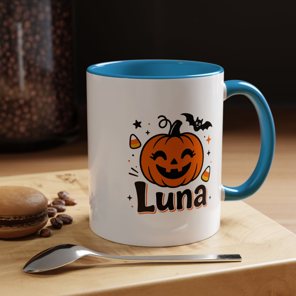 Personalized Halloween Name Mug, Custom Luna Pumpkin Coffee Cup, Cute Kids Trick or Treat Gift, Fall Birthday Present for Little Girl