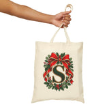 Christmas Initial Tote Bag, Personalized Cotton Canvas 15x16, Red Bow Monogram, Evergreen Wreath Holiday Gift