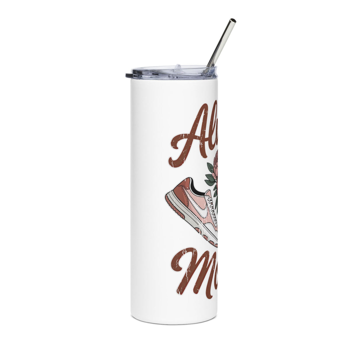 Sneaker Skinny Tumbler, Always Moving Cup, Pink Peony and Shoe Design, Inspirational Gift for Her, Fitness Lover Gift