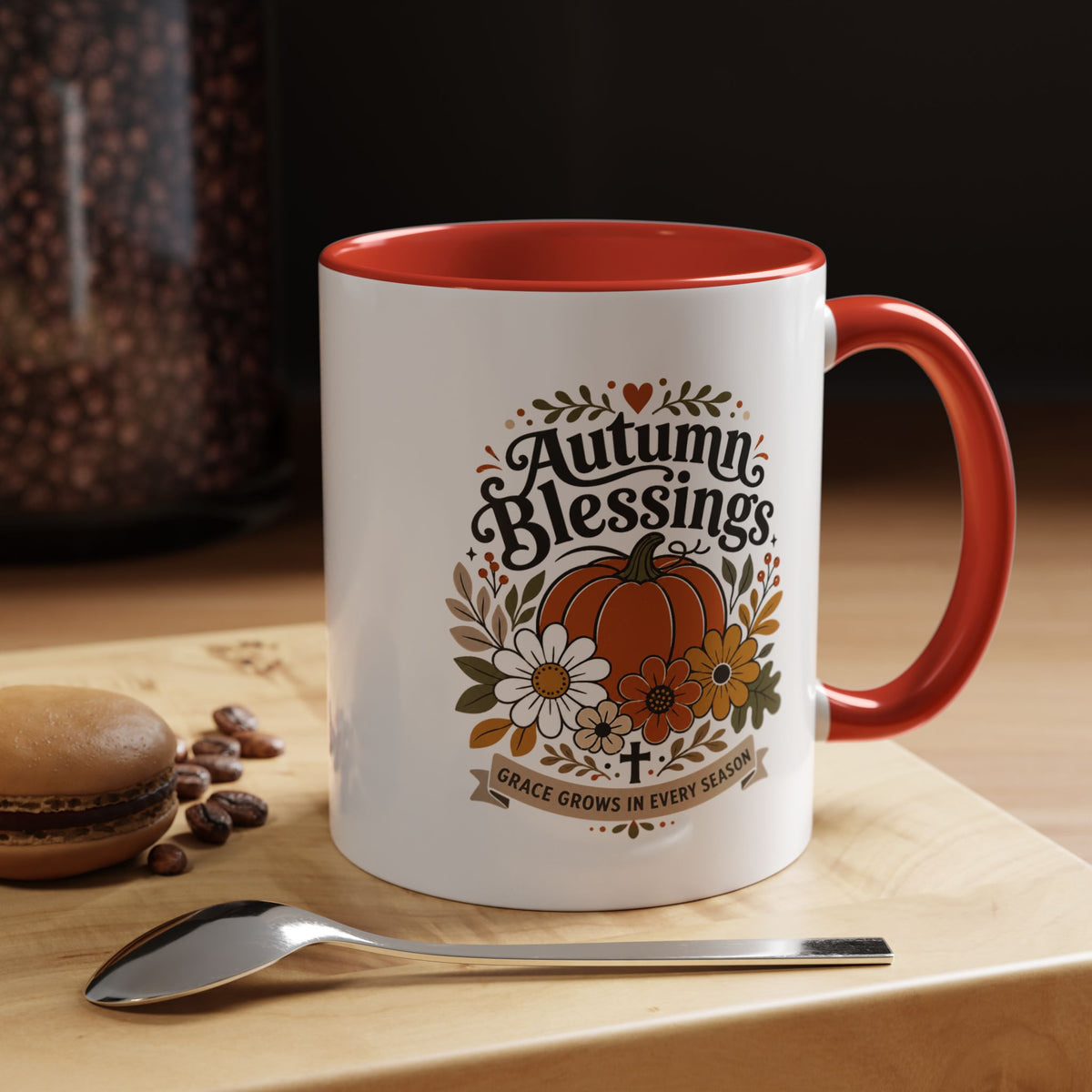 Autumn Blessings Christian Mug, Grace Grows in Every Season Coffee Cup, Faith Based Fall Gift, Floral Pumpkin Thanksgiving Decor