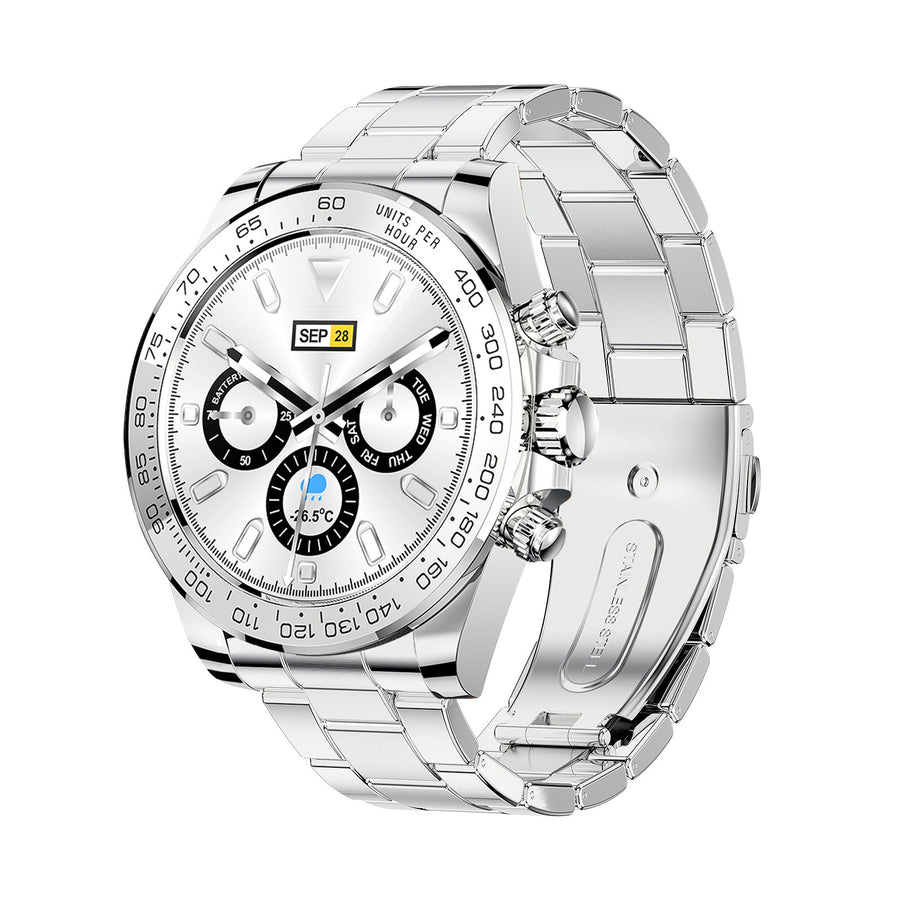 Gold and silver two-tone smartwatch face showing battery, date, and temperature readouts
