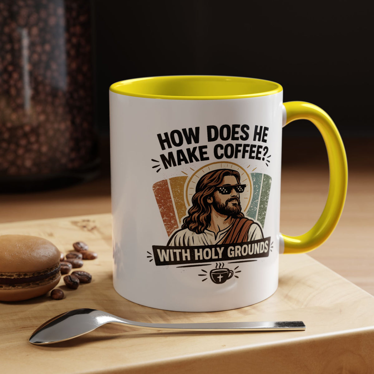 Funny Christian Jesus Mug, How Does He Make Coffee With Holy Grounds Mug, Christian Humor Coffee Cup, Church Friend Gift