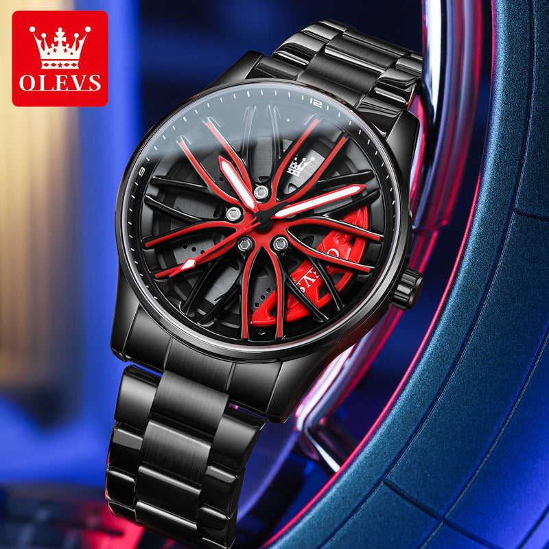 Black quartz watch with a red and black car wheel hub style dial and stainless steel bracelet