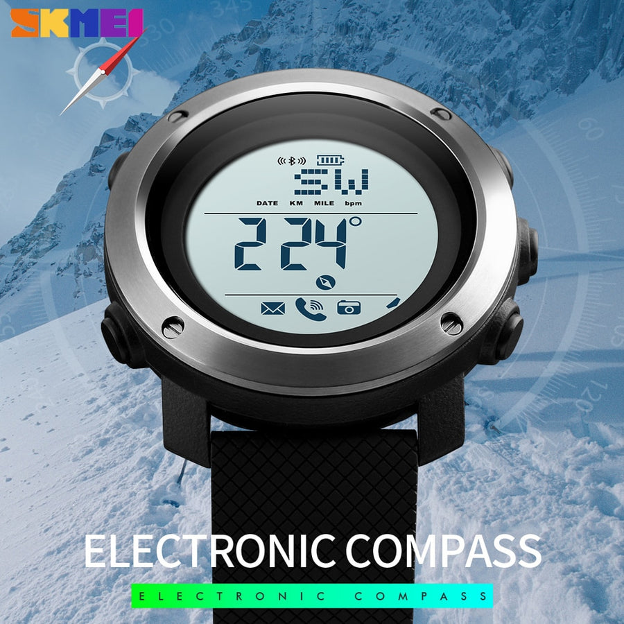 SKMEI black digital sport watch with round LCD display showing time, date and heart icon