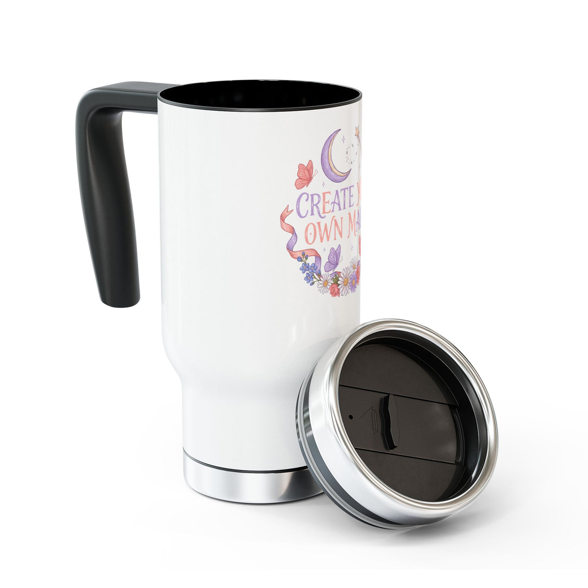 Floral Stainless Steel Travel Mug, Create Your Own Magic Cup, Butterfly and Moon Drinkware, Inspirational Gift for Her