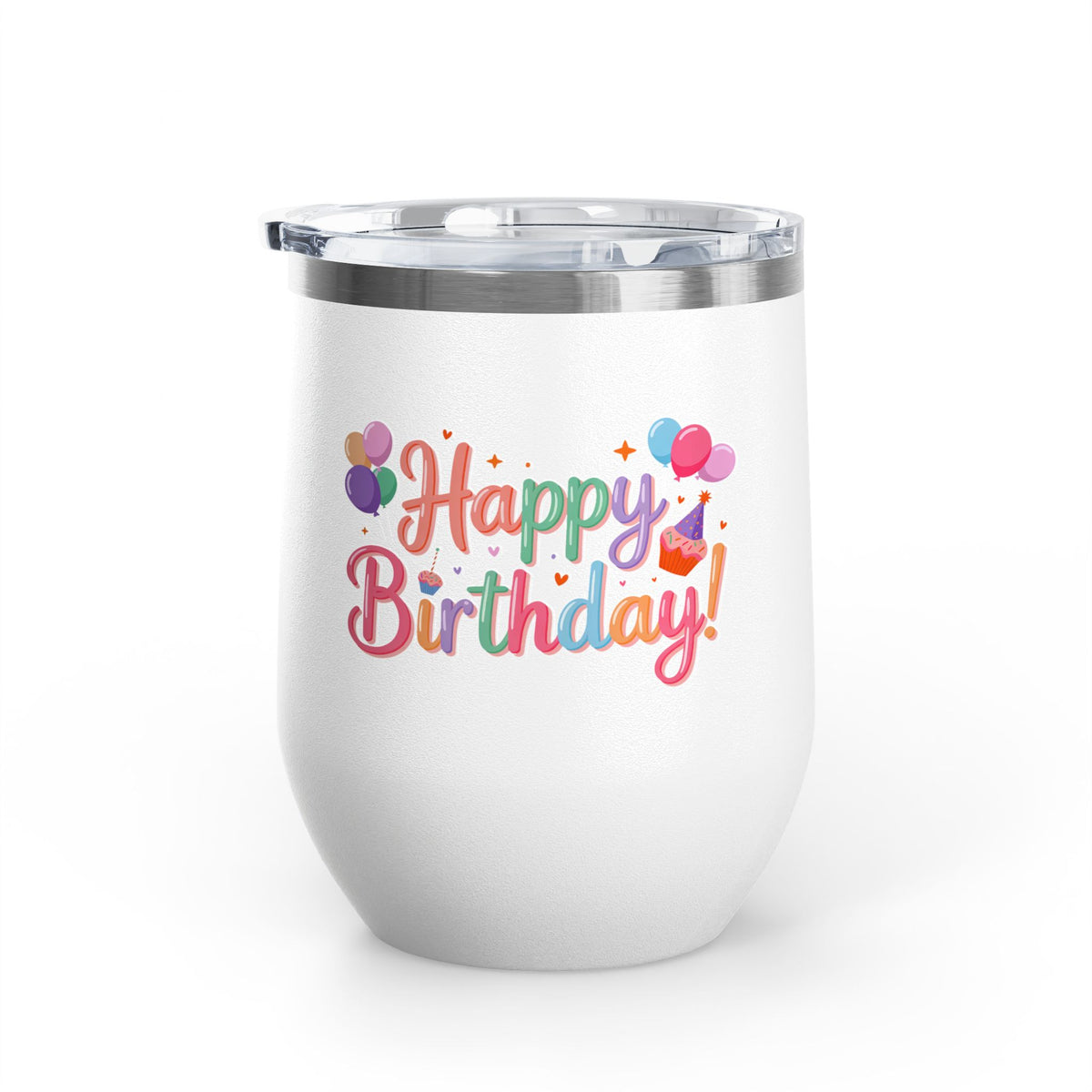 Happy Birthday Wine Tumbler, Pastel Balloons and Cupcake Design, Colorful Drinkware Gift for a Best Friend, Sister or Coworker Celebration