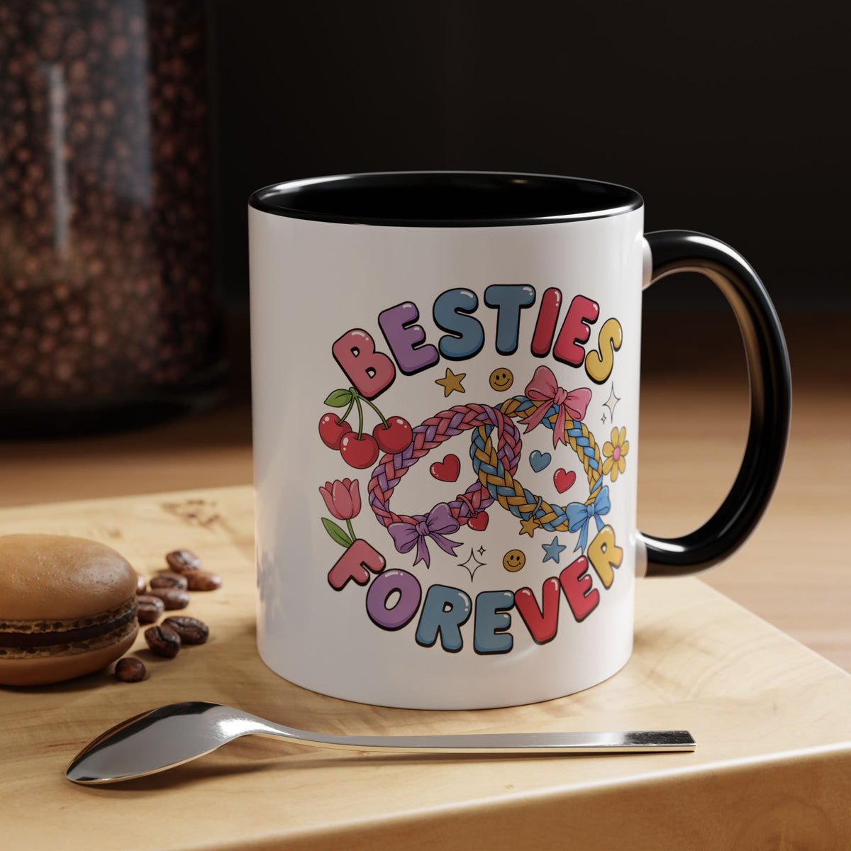Best Friends Coffee Mug, Besties Forever Friendship Bracelet Design, Colorful Birthday Gift for a Best Friend or Long Distance Coffee Buddy