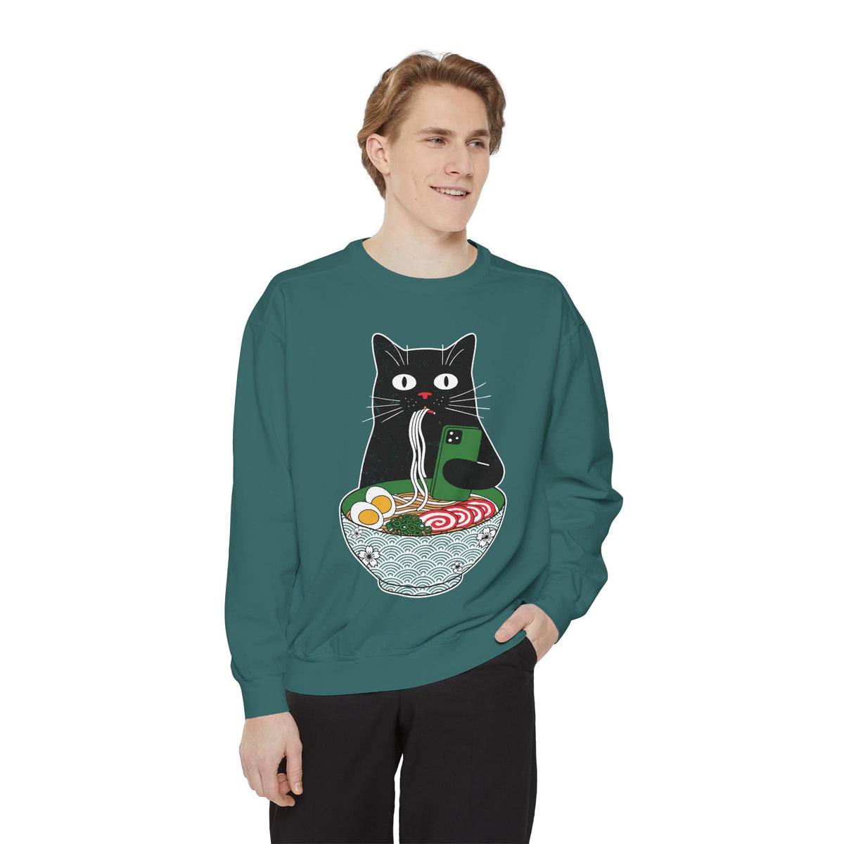 Ramen Cat Comfort Colors Sweatshirt, Funny Cat Eating Noodles Shirt, Cat Lover Graphic Crewneck, Foodie Gift Idea