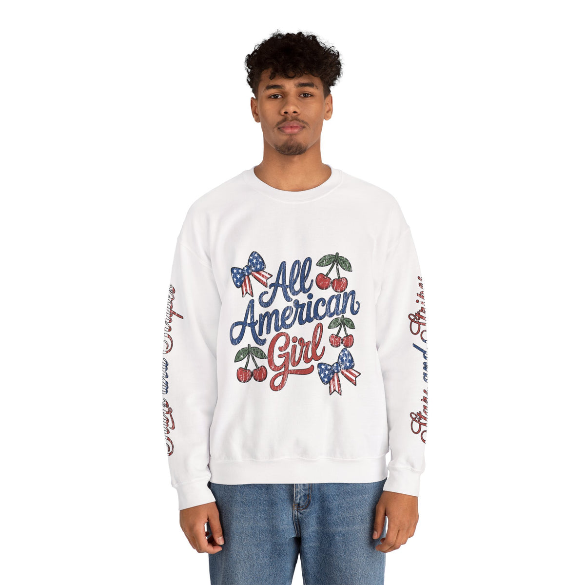 All American Girl Sweatshirt, Patriotic Womens Pullover, USA Flag Cherry Top, Vintage Americana Style, Fourth of July Gift