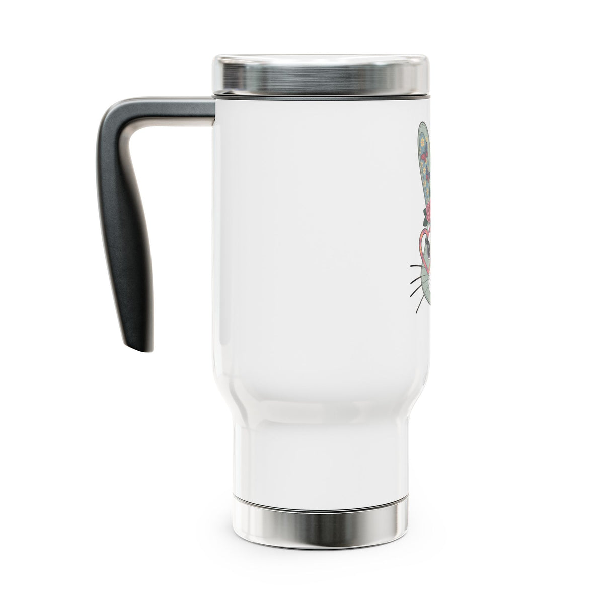 Floral Bunny Stainless Steel Travel Mug, Cute Rabbit Cup with Heart Glasses, Easter Gift for Her, Spring Animal Drinkware