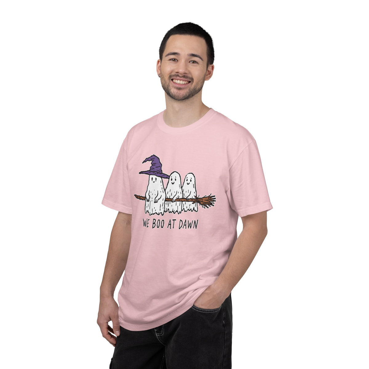 We Boo at Dawn Ghost Shirt, Funny Halloween Witch Broom Graphic Tee, Cute Spooky Season Gift for Friends and Ghost Lovers, October Outfit