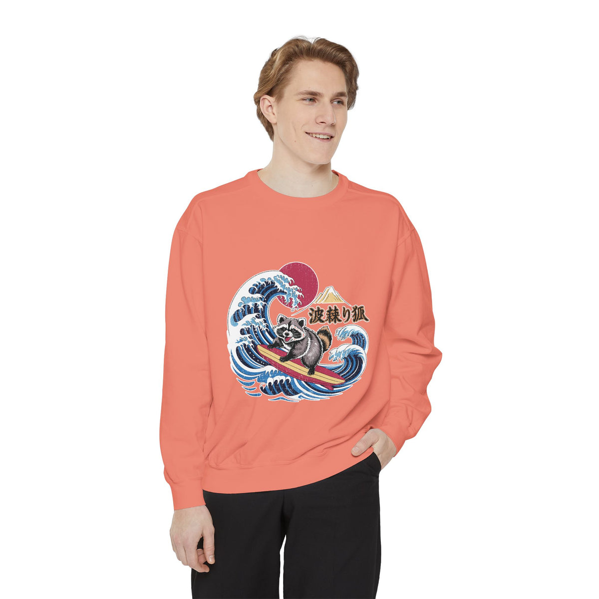 Japanese Surfing Raccoon Sweatshirt, Retro Wave Graphic Crewneck, Funny Animal Surfer Gift, Japan Inspired Beachwear Cozy Pullover