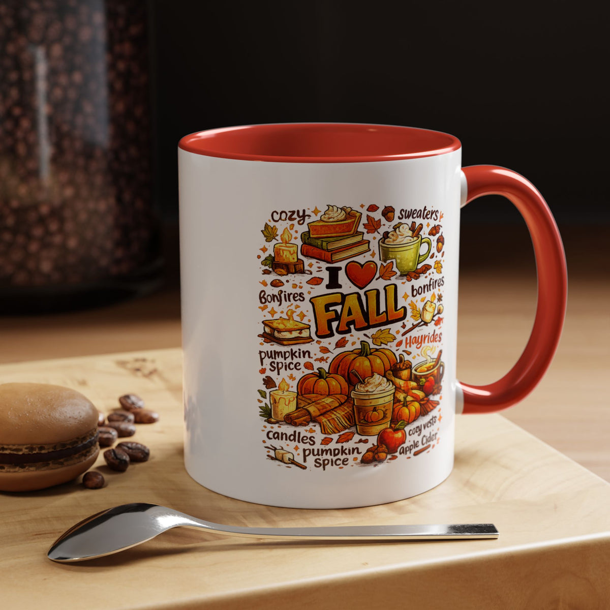 I Love Fall Coffee Mug, Cozy Autumn Pumpkin Spice Cup, Gift for Fall Lover, Book Reader, Teacher or Mom, Thanksgiving Kitchen Decor
