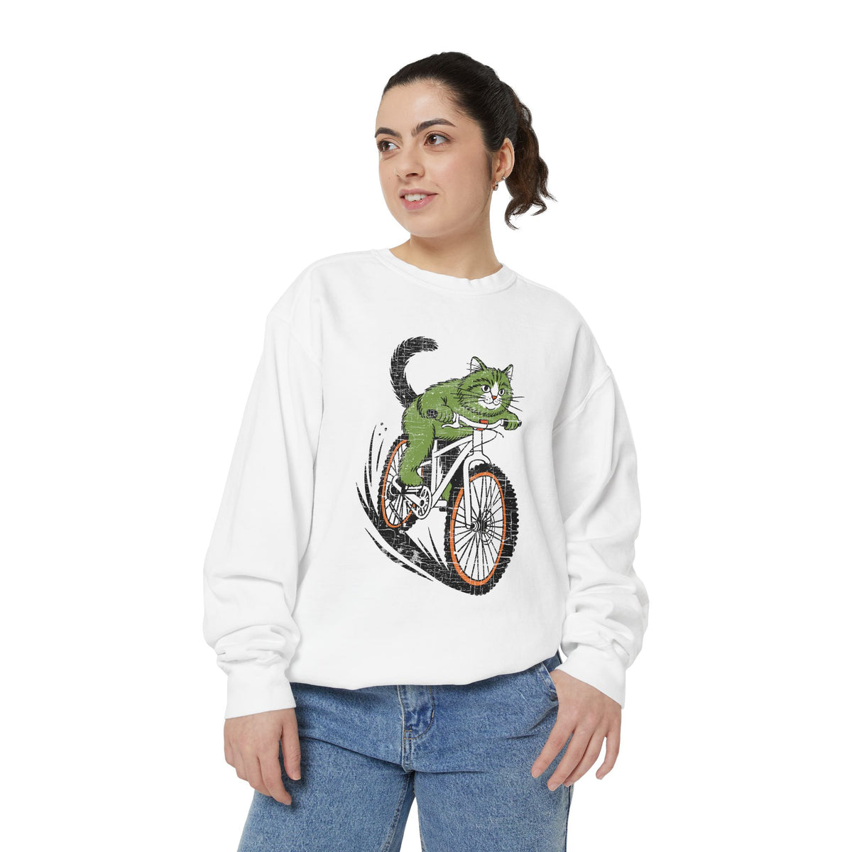Mountain Bike Cat Sweatshirt, Funny Cycling Kitty Crewneck, Cat Lover Gift, Outdoor Adventure Graphic Cozy Biker Pullover Shirt Top