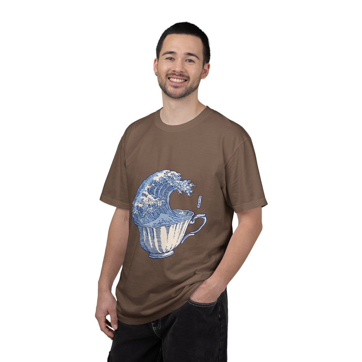 Great Wave Teacup Shirt, Japanese Art Inspired Ocean Graphic, Gift for Tea Lovers and Coastal Art Fans, Casual Cafe Weekend Outfit