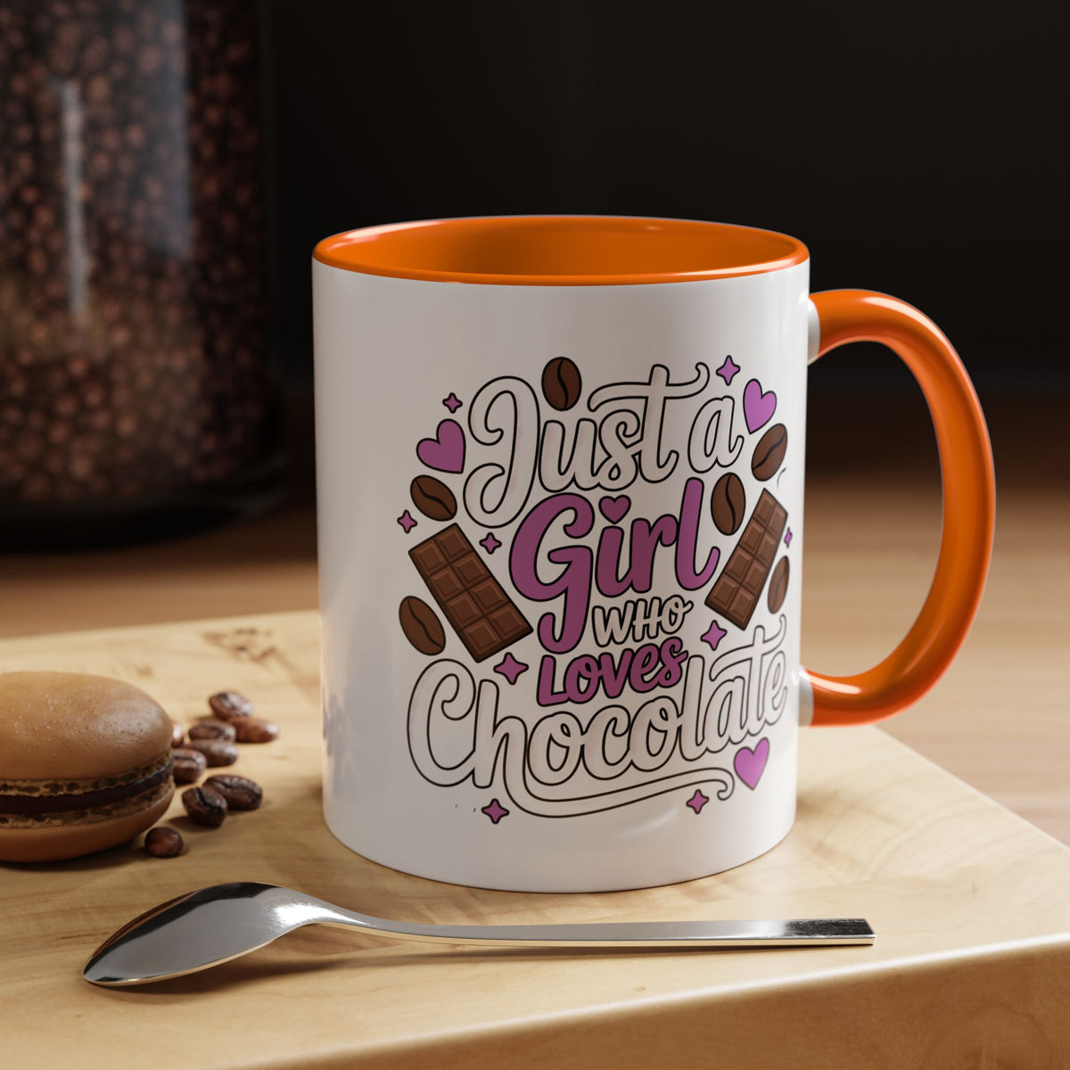 Chocolate Lover Coffee Mug, Just a Girl Who Loves Chocolate Quote, Purple Hearts and Cocoa Design, Sweet Birthday Gift for a Best Friend