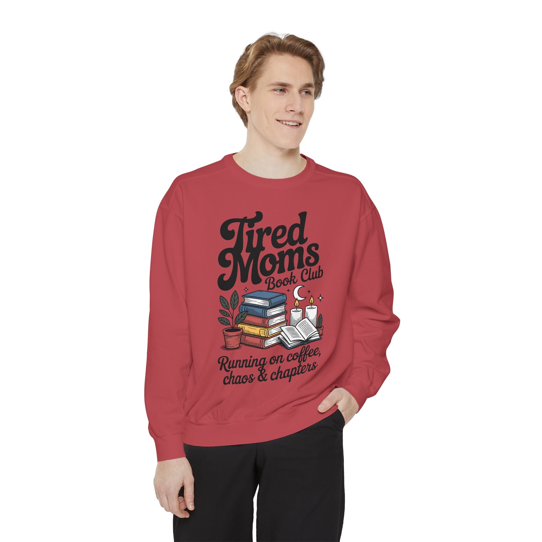 Tired Moms Book Club Comfort Colors Sweatshirt, Running on Coffee Chaos and Chapters Shirt, Book Lover Mom Gift
