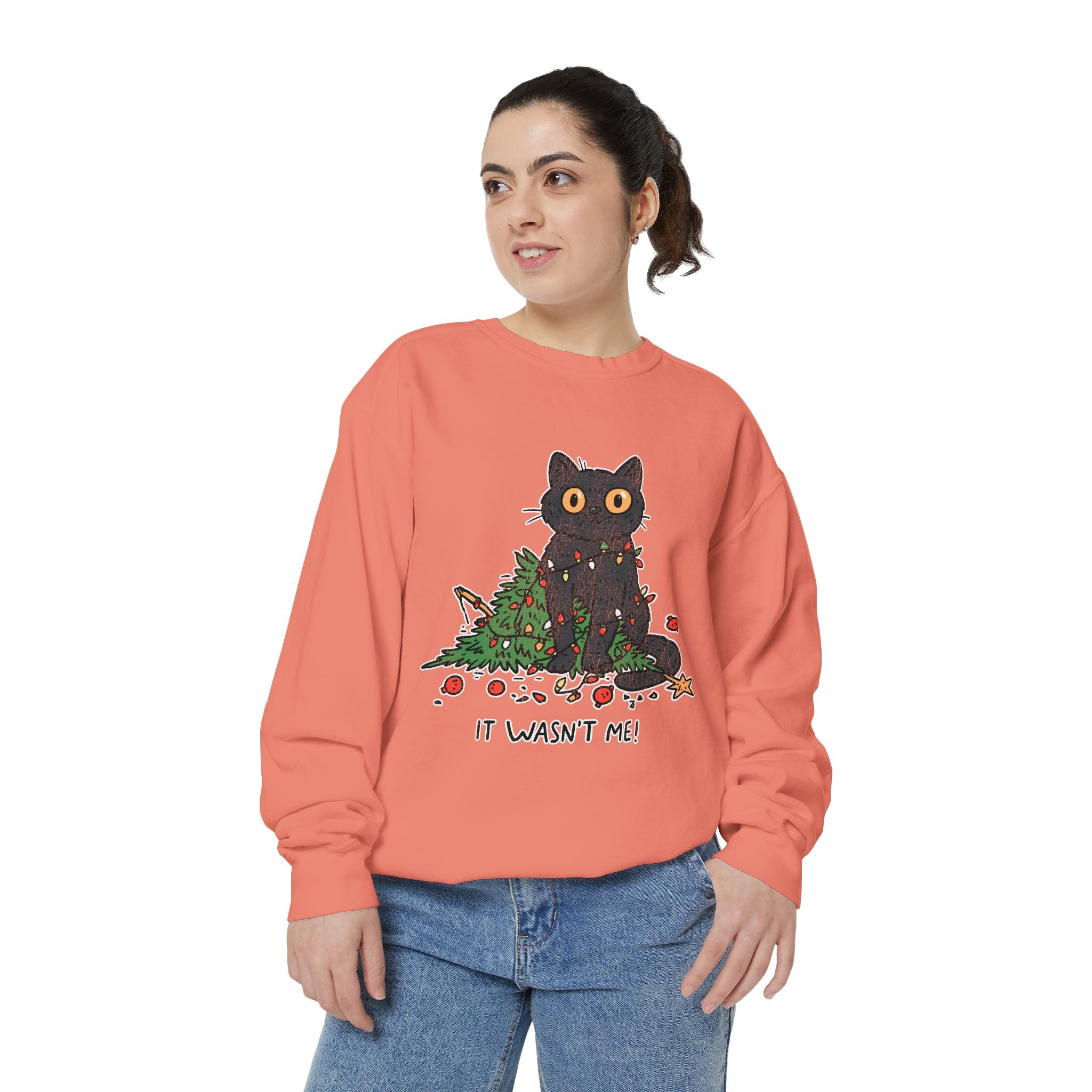 It Wasn't Me Black Cat Christmas Sweatshirt, Funny Holiday Crewneck, Mischievous Kitty Lights Pullover, Gift for Cat Mom or Cat Dad