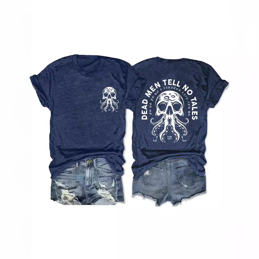 A gray T-shirt with a small octopus-skull emblem on the front and a large back print of the skull and tentacles under Dead Men Tell No Tales.