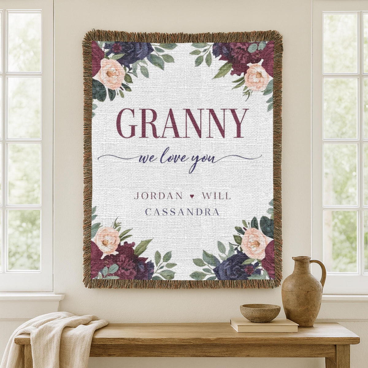 Personalized Granny Gift Woven Blanket Custom Grandmother Blanket Floral Family Name Blanket Mothers Day Gift