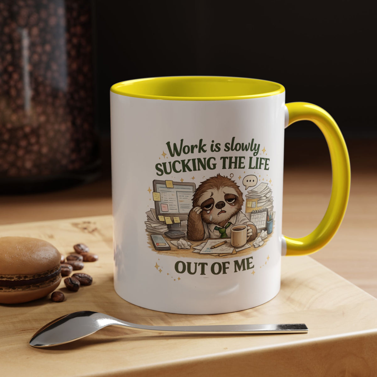 Work Is Slowly Sucking The Life Out Of Me Coffee Mug, Funny Sloth Office Joke Gift for Coworkers, Sarcastic Ceramic Tea Cup with Black Handle