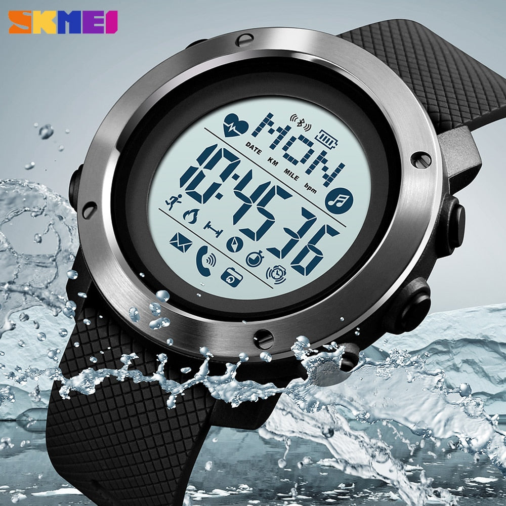 SKMEI black digital sport watch with round LCD display showing time, date and heart icon