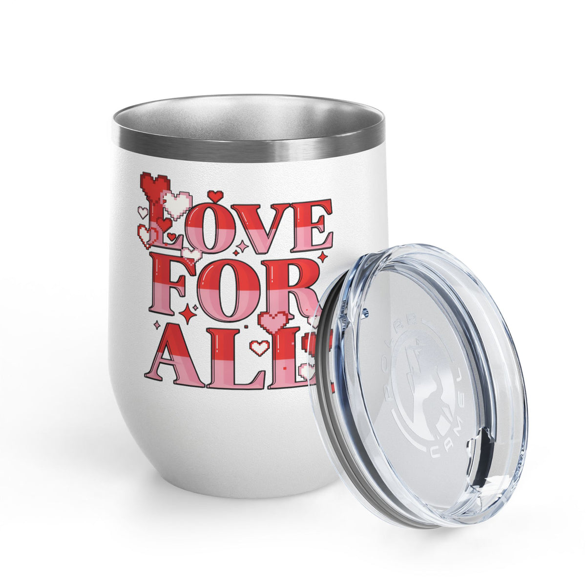 Love for All Wine Tumbler, Retro Pixel Heart Drinkware, Cute Valentine Gift for Her, Romantic Anniversary Present, Colorful Love Cup