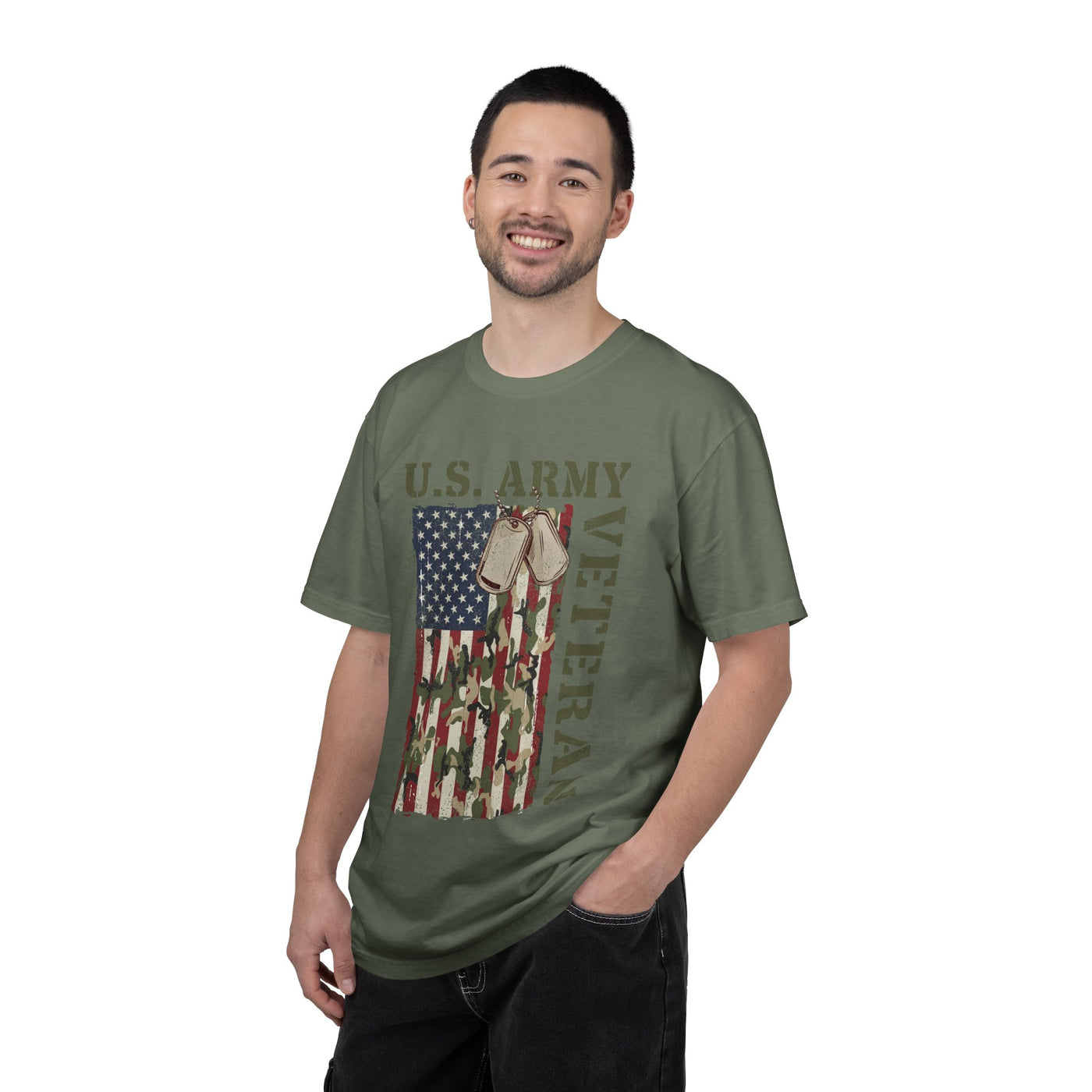 US Army Veteran Shirt, American Flag Camo T-Shirt, Military Dog Tag Tee, Patriotic Gift for Soldier, Retirement or Veterans Day Top