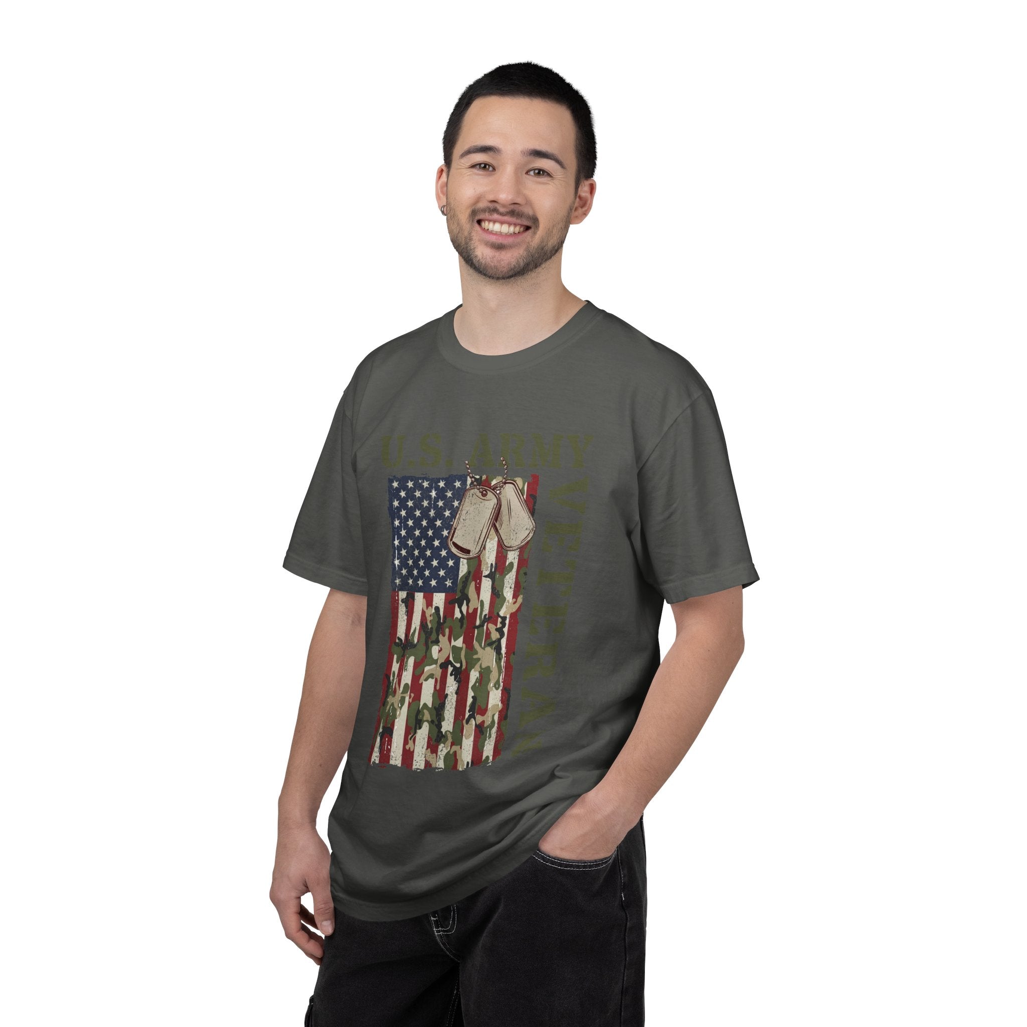 US Army Veteran Shirt, American Flag Camo T-Shirt, Military Dog Tag Tee, Patriotic Gift for Soldier, Retirement or Veterans Day Top