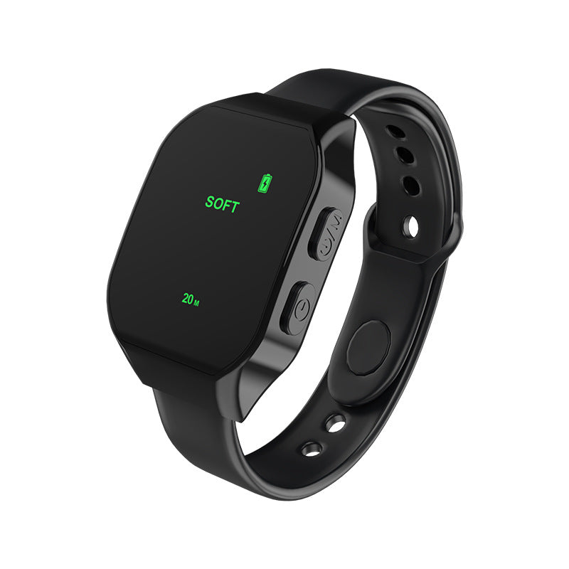 Black hand-worn microcurrent device with a rectangular digital display and silicone strap