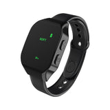Black hand-worn microcurrent device with a rectangular digital display and silicone strap
