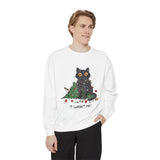 It Wasn't Me Black Cat Christmas Sweatshirt, Funny Holiday Crewneck, Mischievous Kitty Lights Pullover, Gift for Cat Mom or Cat Dad