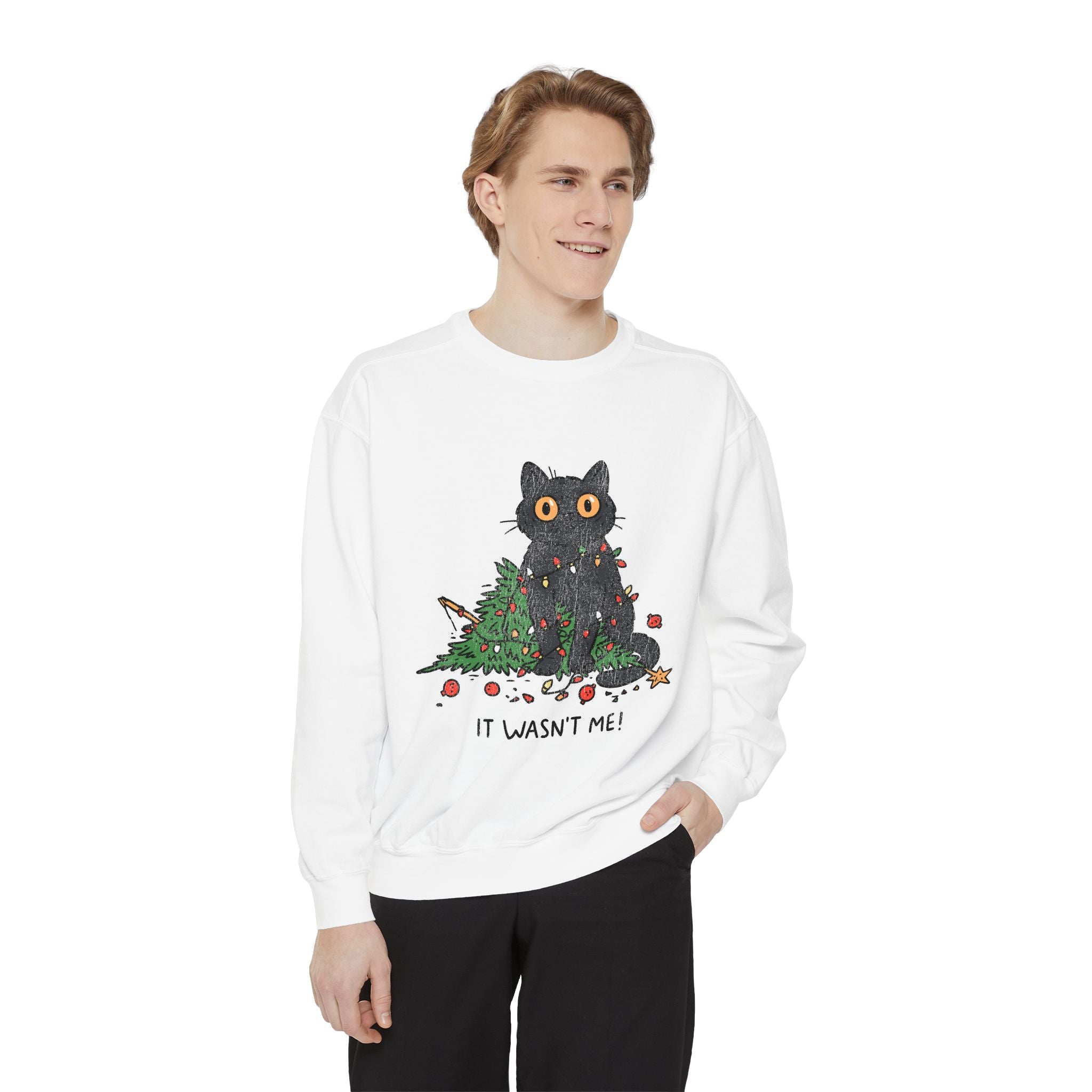It Wasn't Me Black Cat Christmas Sweatshirt, Funny Holiday Crewneck, Mischievous Kitty Lights Pullover, Gift for Cat Mom or Cat Dad