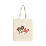 Personalized Name Tote Bag, Natural Cotton Canvas 15x16, Pink Bow Floral Script, Custom Daisy Heart Shopper