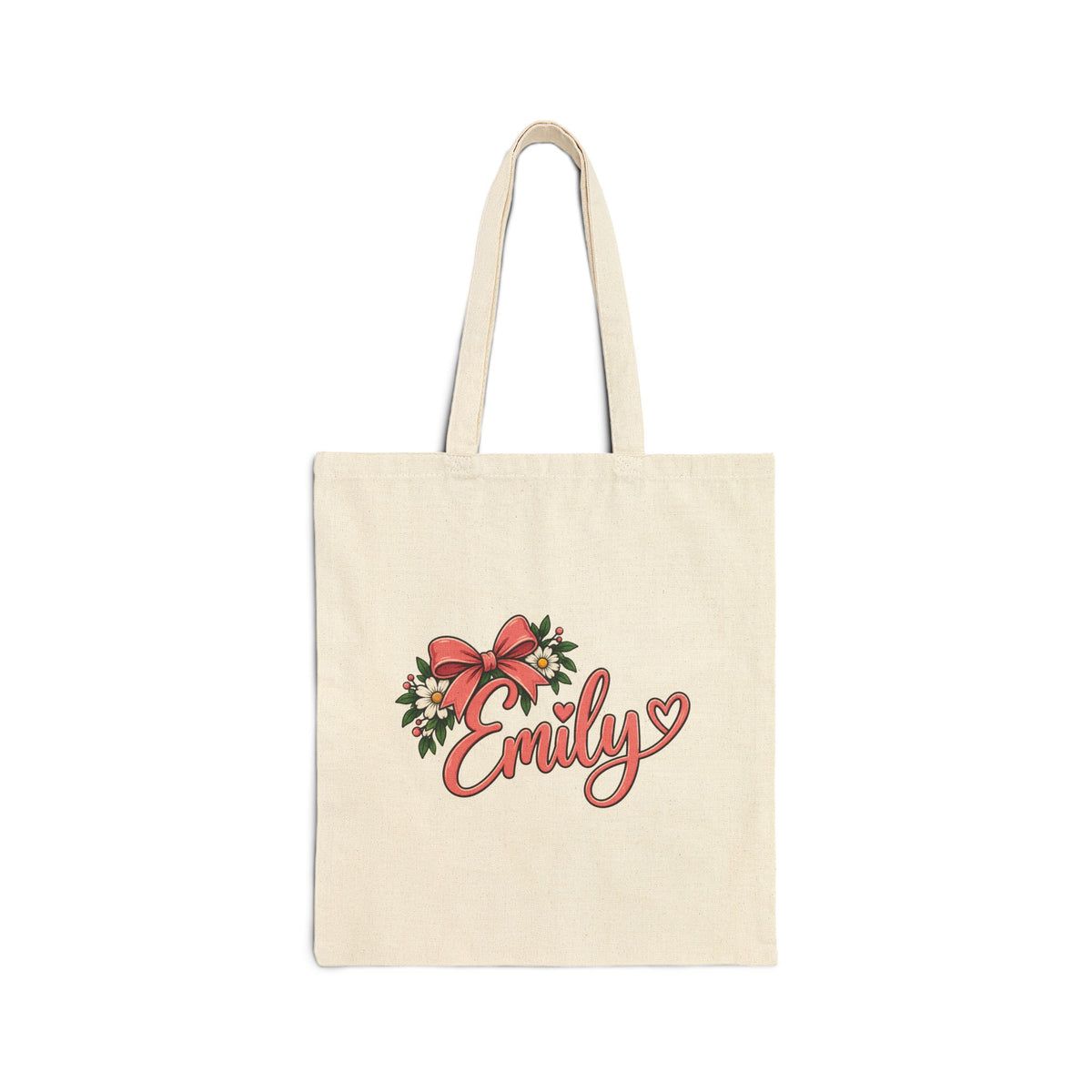 Personalized Name Tote Bag, Natural Cotton Canvas 15x16, Pink Bow Floral Script, Custom Daisy Heart Shopper