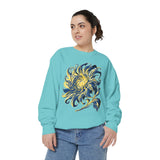 Celestial Sun Graphic Sweatshirt, Blue and Gold Cosmic Pullover, Mystical Night Sky Top, Astrology Gift for Stargazers and Dreamers