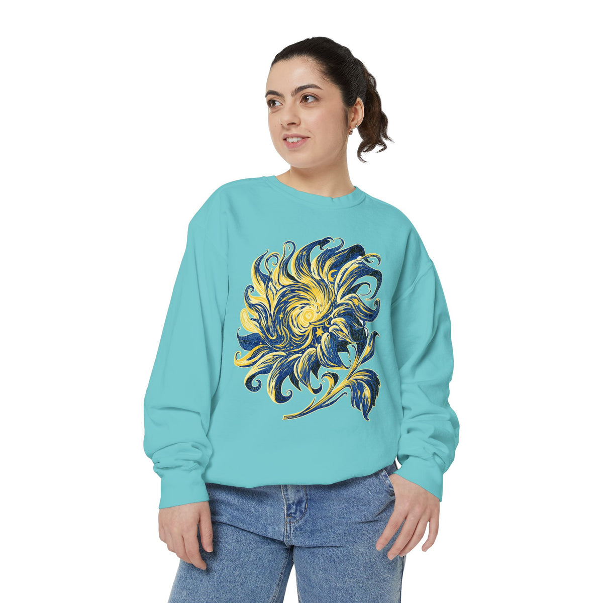 Celestial Sun Graphic Sweatshirt, Blue and Gold Cosmic Pullover, Mystical Night Sky Top, Astrology Gift for Stargazers and Dreamers