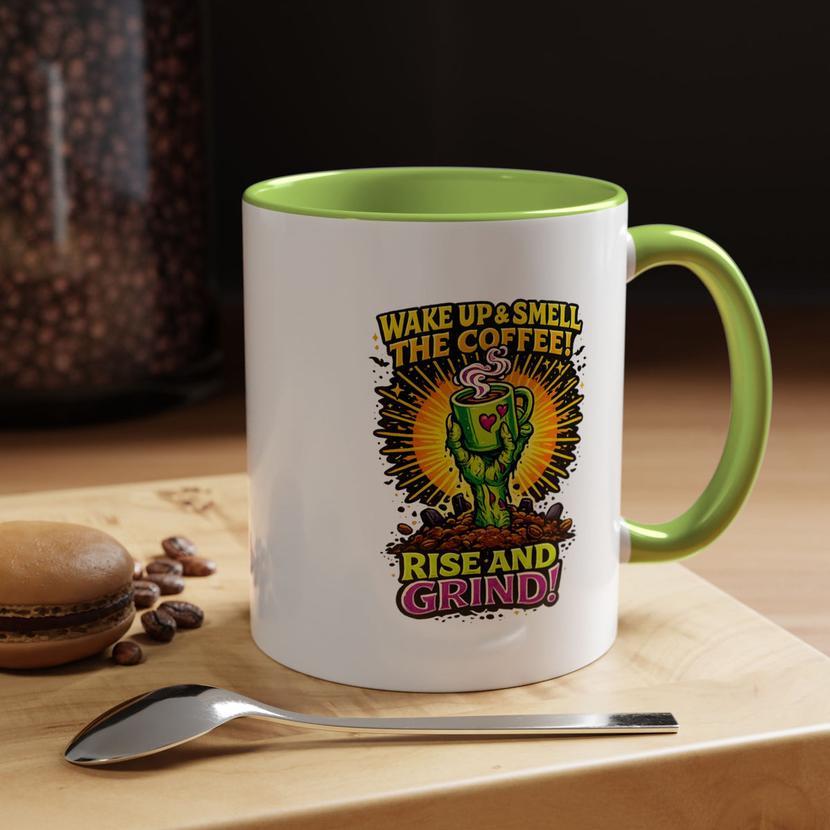 Zombie Coffee Mug, Wake Up and Smell the Coffee Black Accent Cup, Unique Funny Rise and Grind Gift for Horror Fan, Barista or Coworker