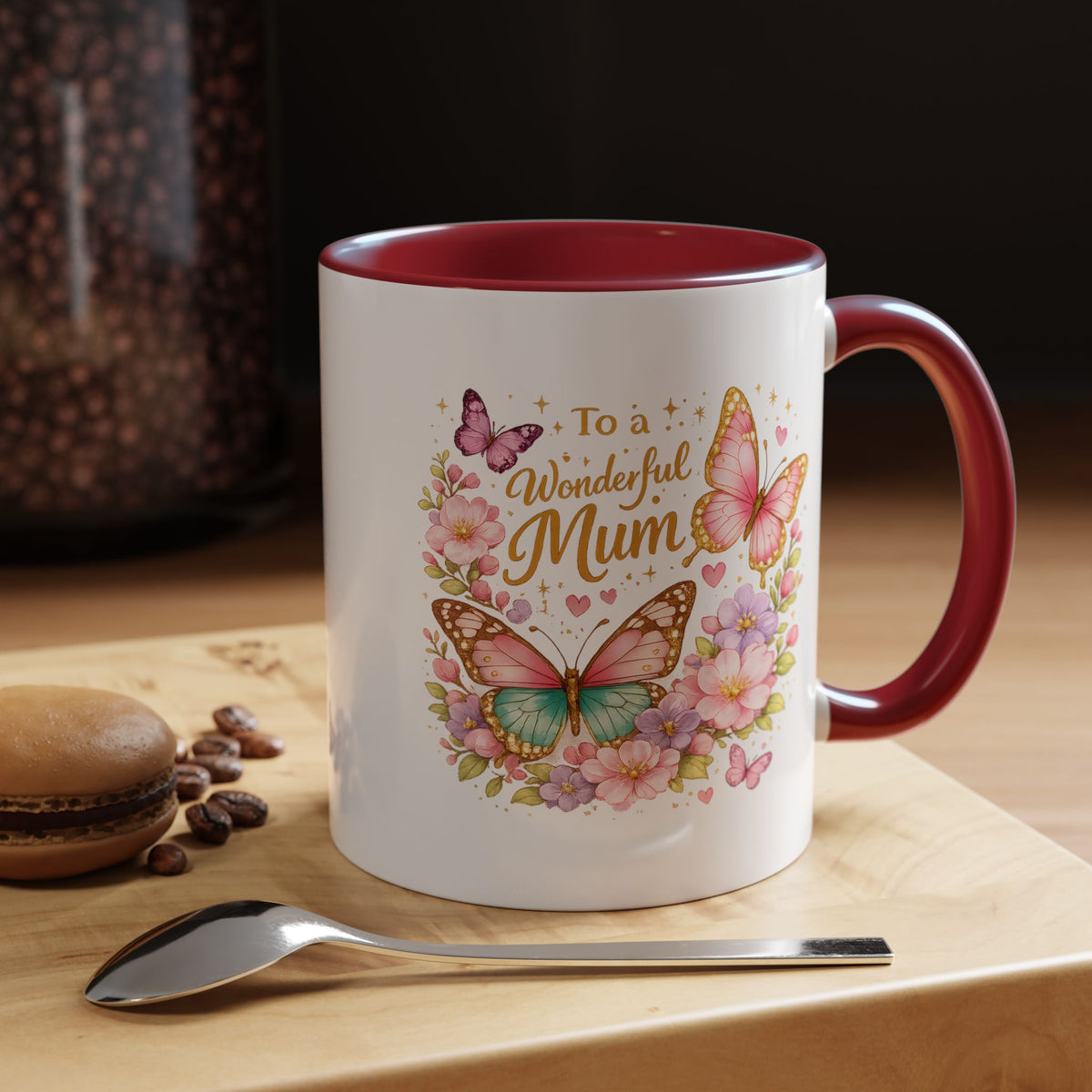 To a Wonderful Mum Coffee Mug, Cute Butterfly Birthday Gift for Mother, Floral Pastel Watercolor Ceramic Tea Cup with Pink Handle, Mum Gift