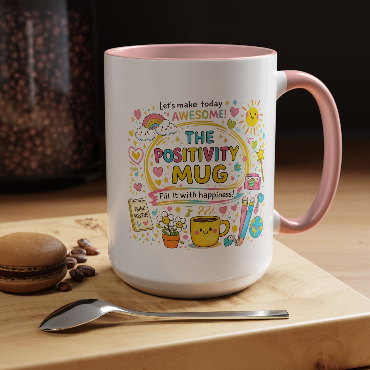The Positivity Mug, Funny Sarcastic Office Gag Gift for Coworkers, Bright Doodle Aesthetic Motivational Coffee Cup with Orange Handle