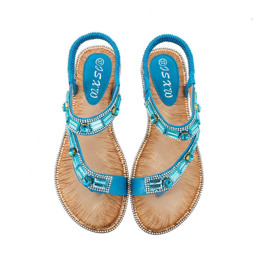 Ladies Shoes Boho Women's Sandals Blue Plaid Flats