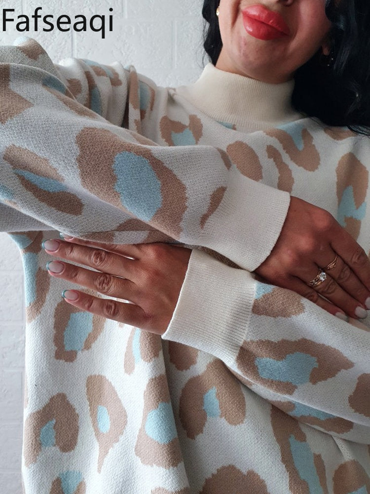 Winter Women's Sweater Leopard Print Animal Basic Thick Turtleneck Oversize Jumper Sotf Warm Knitted Sweaters for Womens