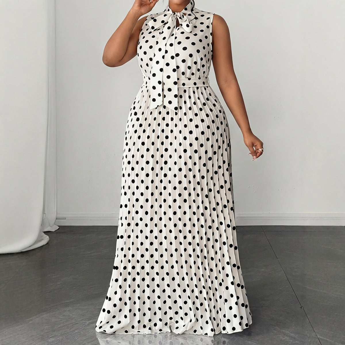 Polka Dot Sleeveless Tie Waist Midi Dress