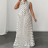 Polka Dot Sleeveless Tie Waist Midi Dress