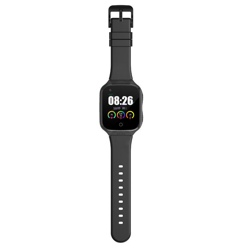 K9L phone watch with black silicone band, front view showing digital time and health tracking rings