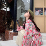 Chic and Stylish Loose Knit Sweater for Women, Autumn New Arrival, Plus Size, Sweet Floral Pink Knitted Cardigan